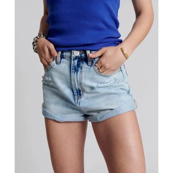 One Teaspoon Bandit High Waist Denim Short in Blue Tornado 25 New Womens Jeans - Picture 13 of 16